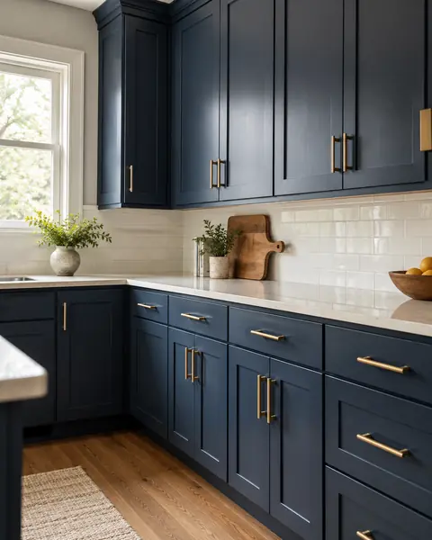 AI-generated example: kitchen cabinets painted navy blue